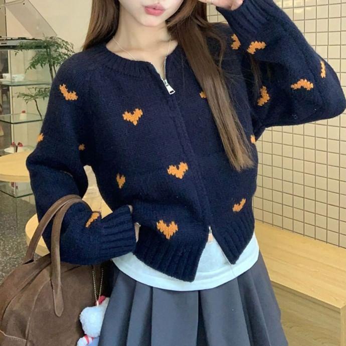 Round Neck Heart Patterned Zip Cardigan Product Image