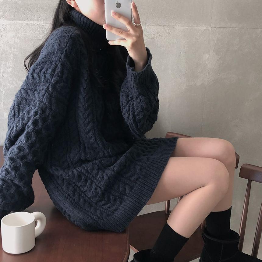 Turtleneck Plain Cable-Knit Oversized Sweater Product Image