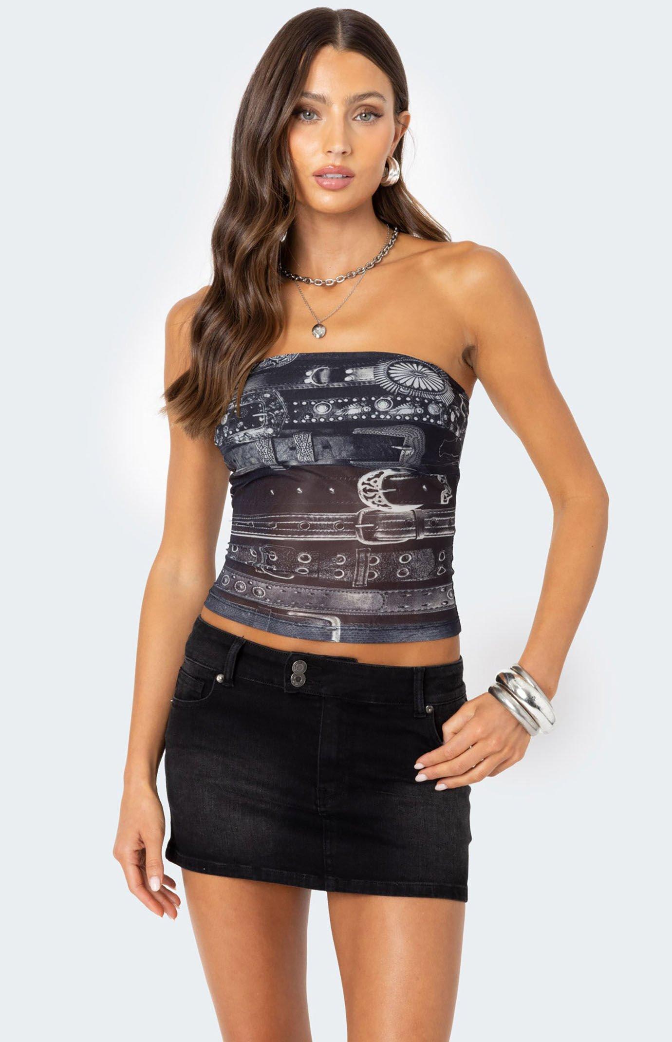 Edikted Women's Layered Belt Mesh Tube Top in Black/White - Product Image