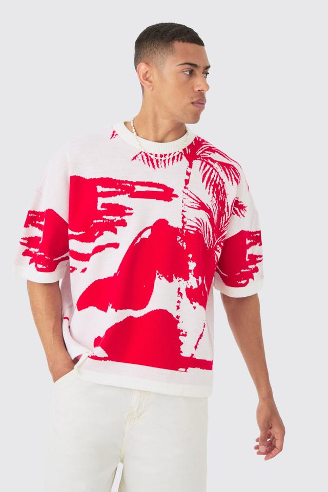 Oversized Line Scenic Knitted T-shirt | boohooMAN USA Product Image