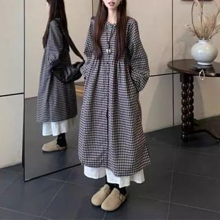 Long-Sleeve Crew Neck Gingham Button-Up Midi Tunic Dress / High Rise Floral Jacquard Midi A-Line Skirt product image