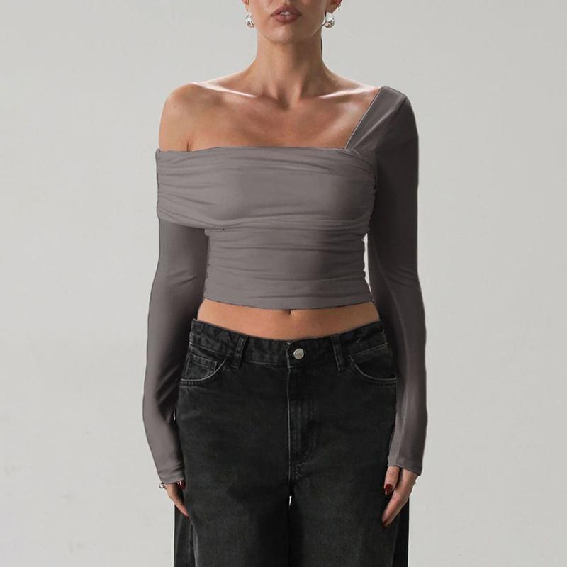 Long-Sleeve One-Shoulder Plain Cropped T-Shirt Product Image