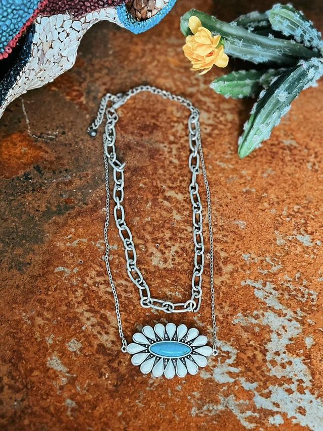 Double Stranded White and Turquoise Squash Blossom Necklace Product Image