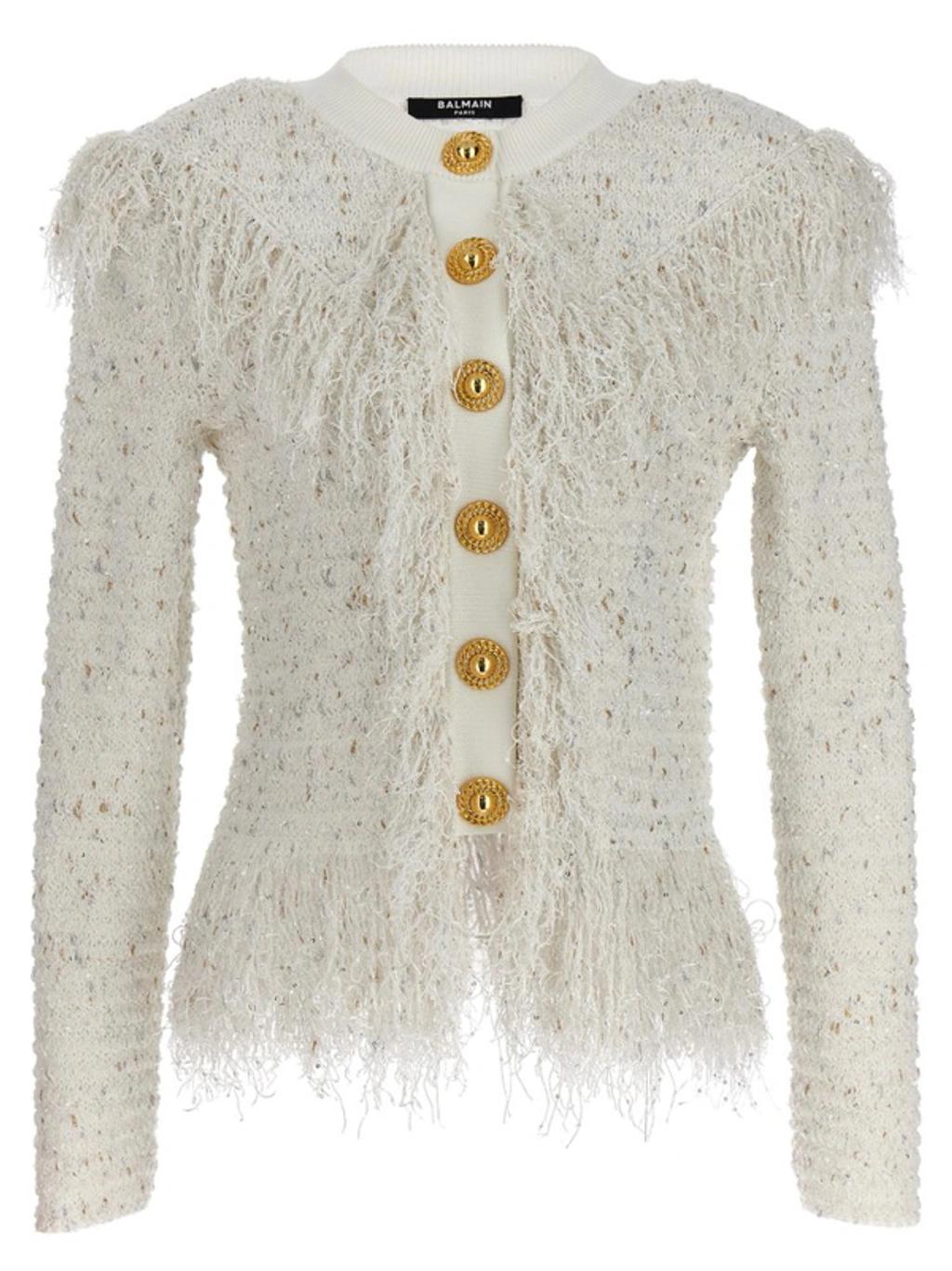 BALMAIN Glittered Fringed Short Jacket In White Product Image