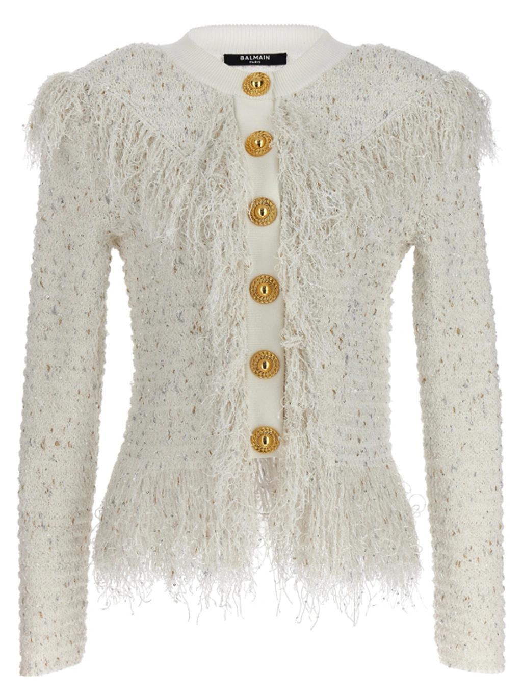 BALMAIN Glittered Fringed Short Jacket In White Product Image