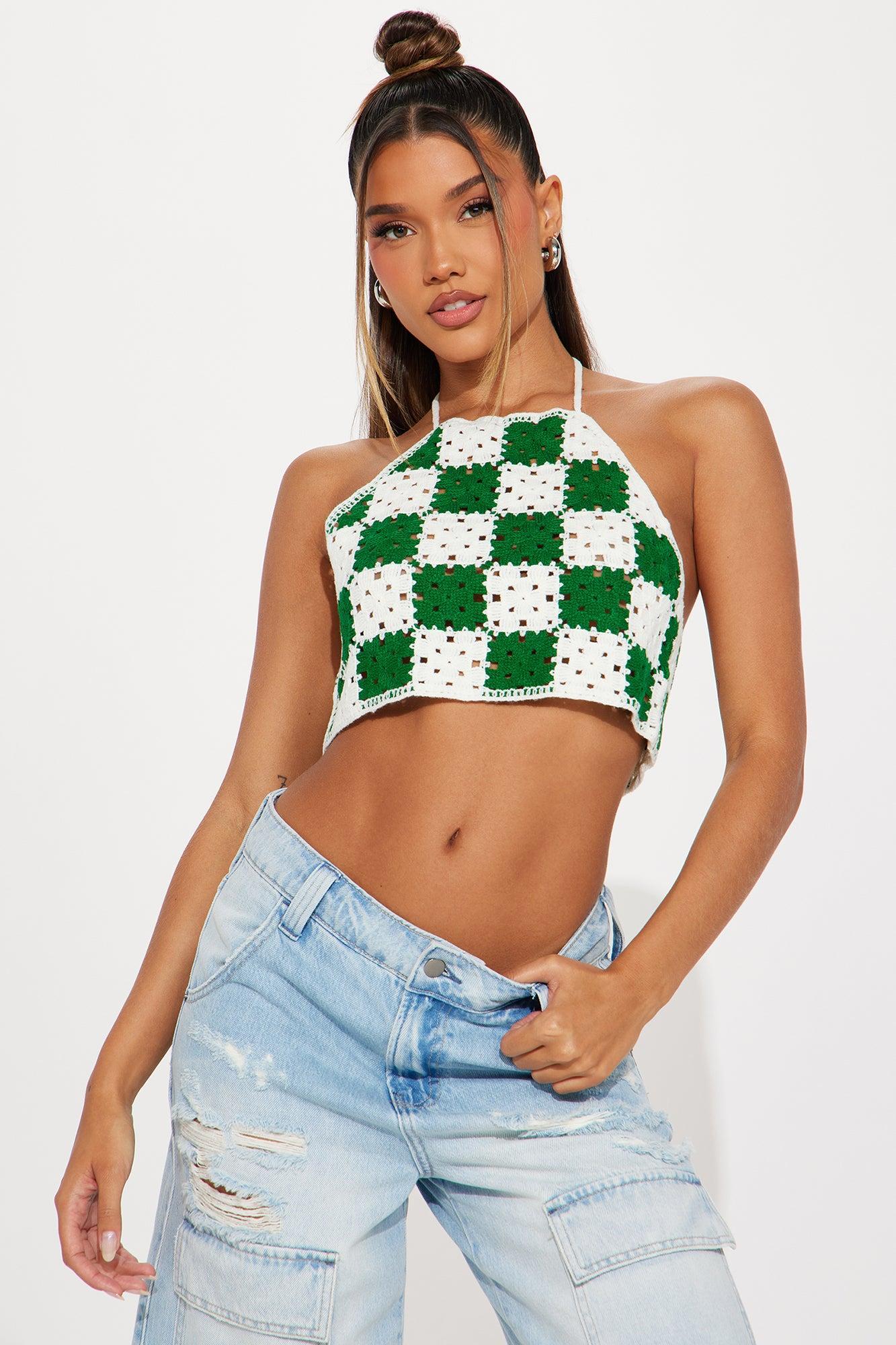 Vibe Check Crochet Halter Top - Green/combo Product Image