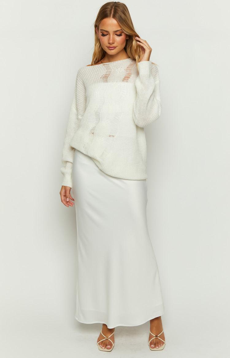 Genevieve White Satin Maxi Skirt Product Image