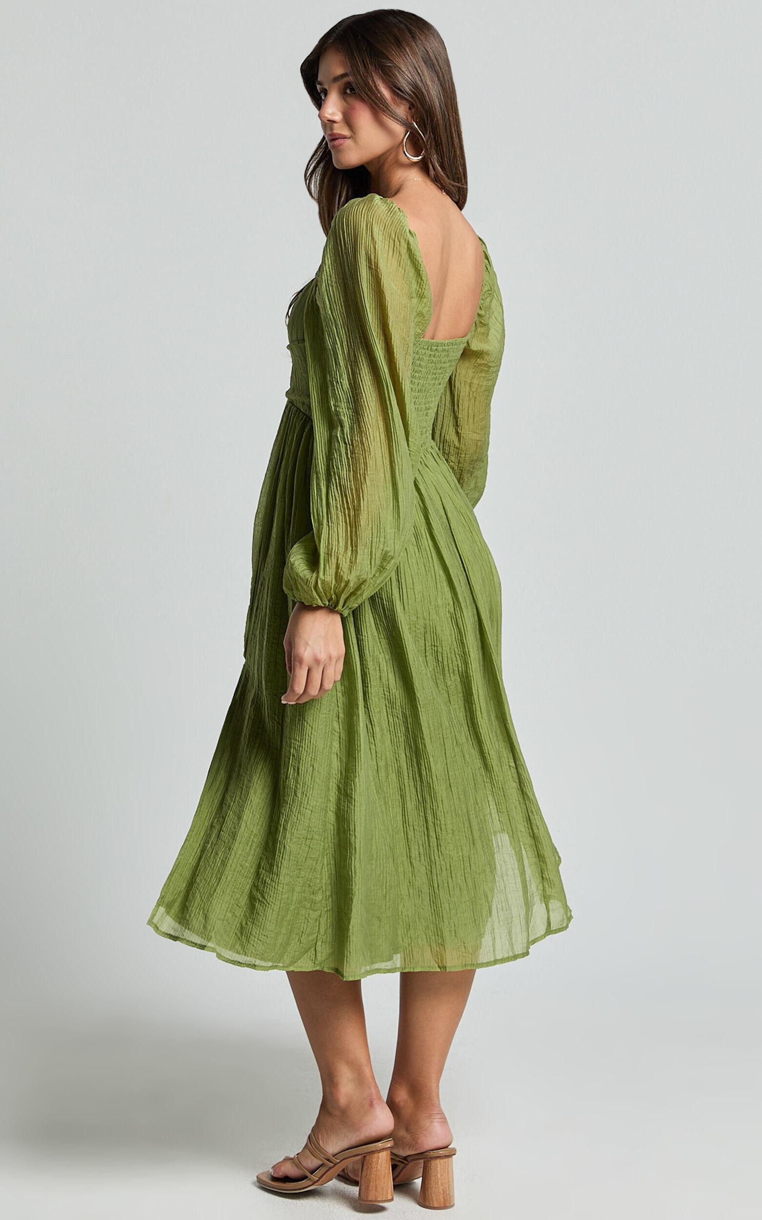 Zahara Midi Dress - Blouson Sleeve Cut Out Dress in Green Product Image