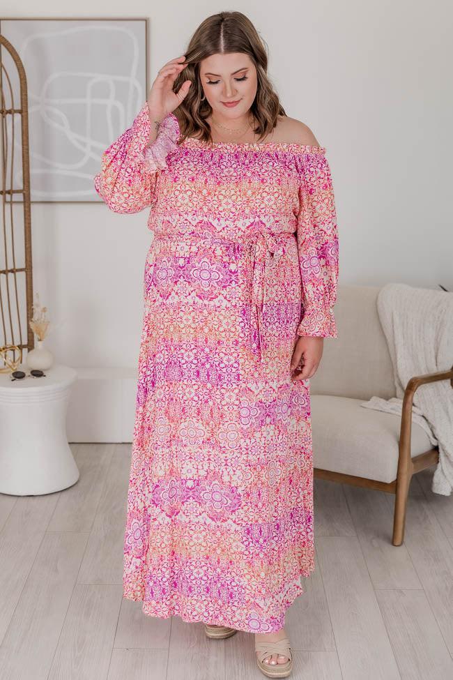 Dynamic Love Pink Printed Off The Shoulder Maxi Dress FINAL SALE Product Image