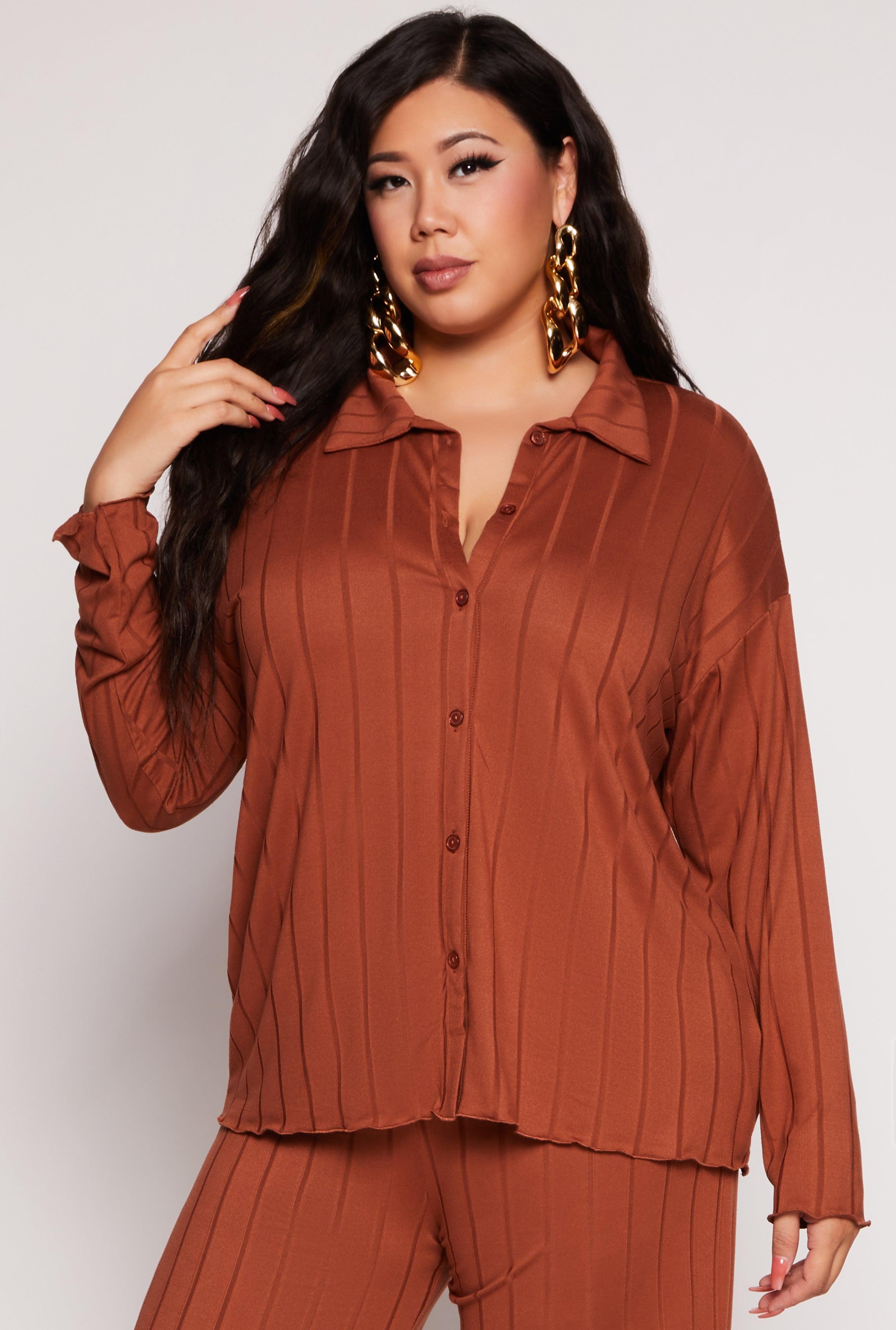 Womens Plus Size Ribbed Button Front Blouse Product Image