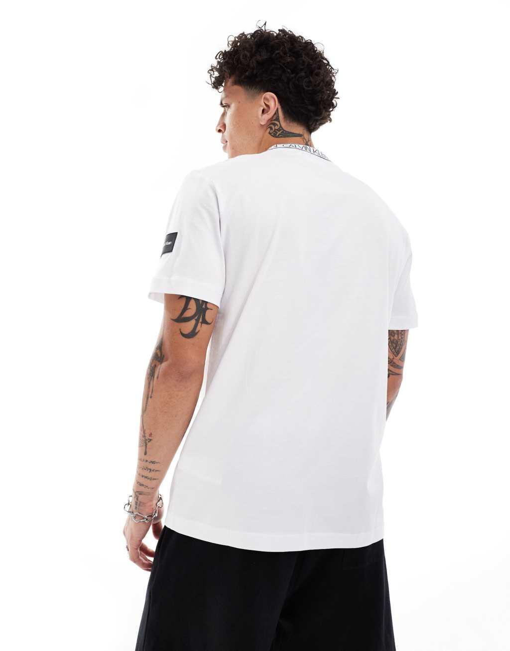 Calvin Klein logo tape collar and side patch t-shirt in white Product Image