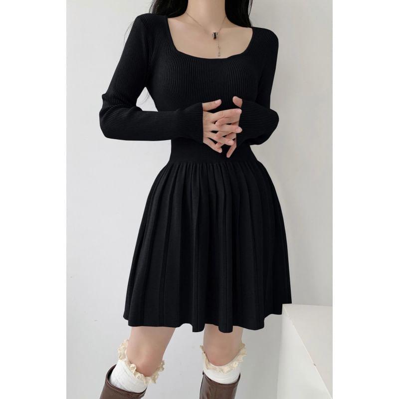 Long-Sleeve Square Neck Accordion Pleated Mini A-Line Knit Dress Product Image