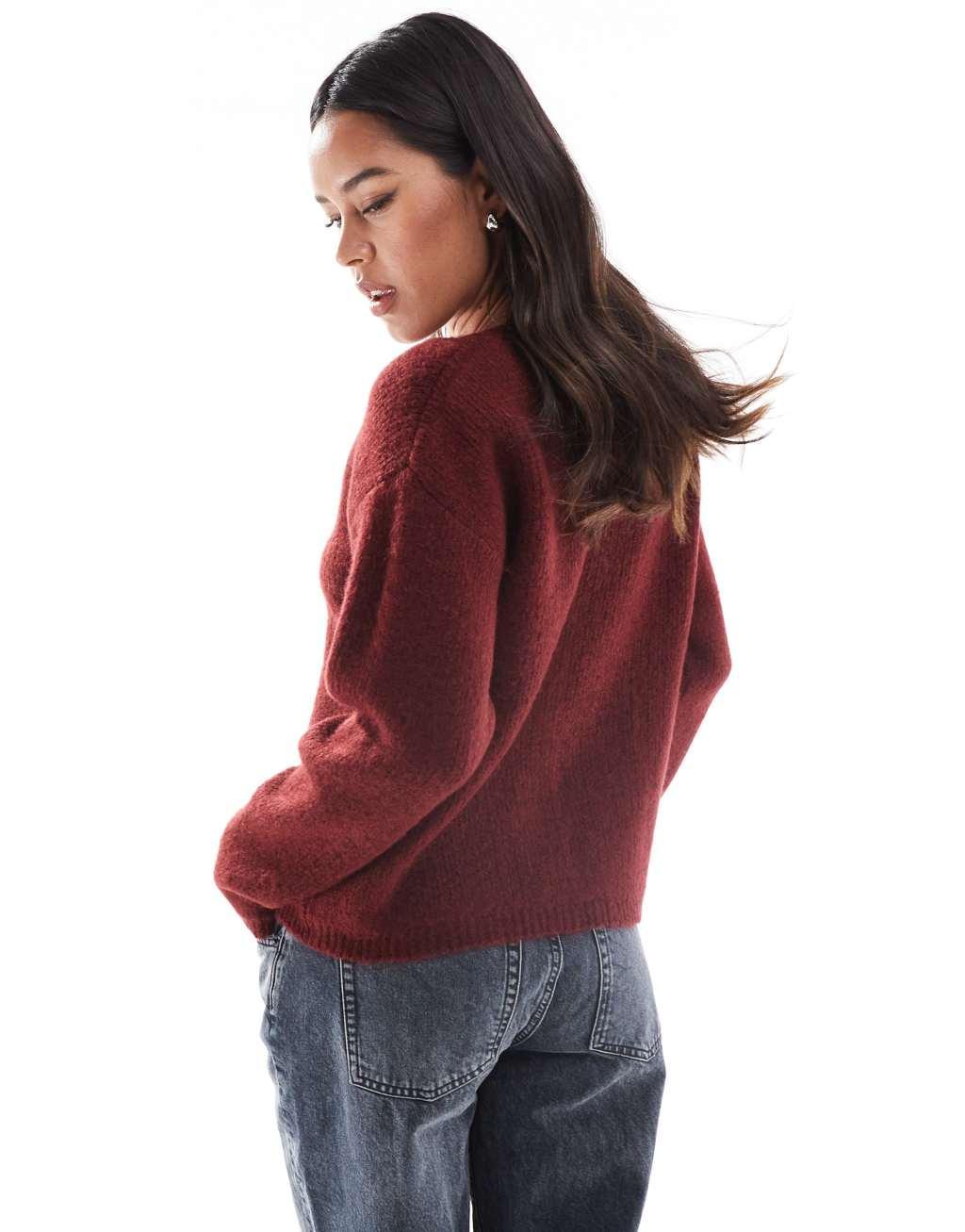 ASOS DESIGN fluffy knit crew neck cardigan in burgundy Product Image