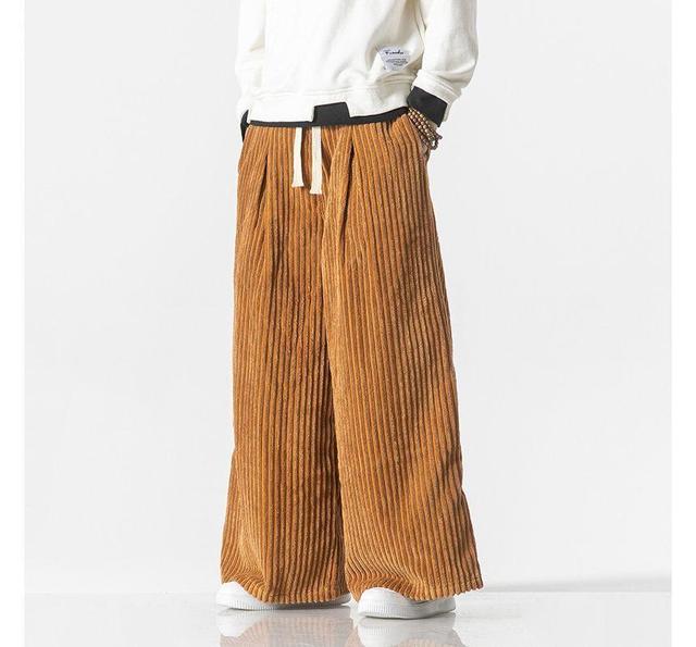 Drawstring Waist Plain Corduroy Wide Leg Pants Product Image