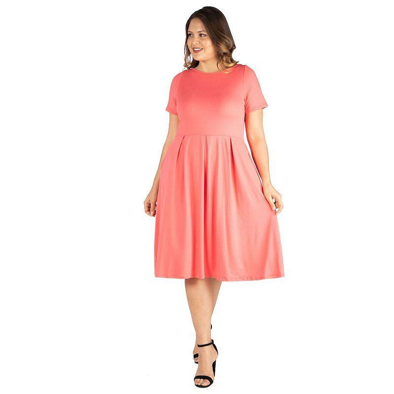 Plus Size 24seven Comfort Apparel Short Sleeve Midi Skater Dress With Pockets, Womens Light Blue Product Image