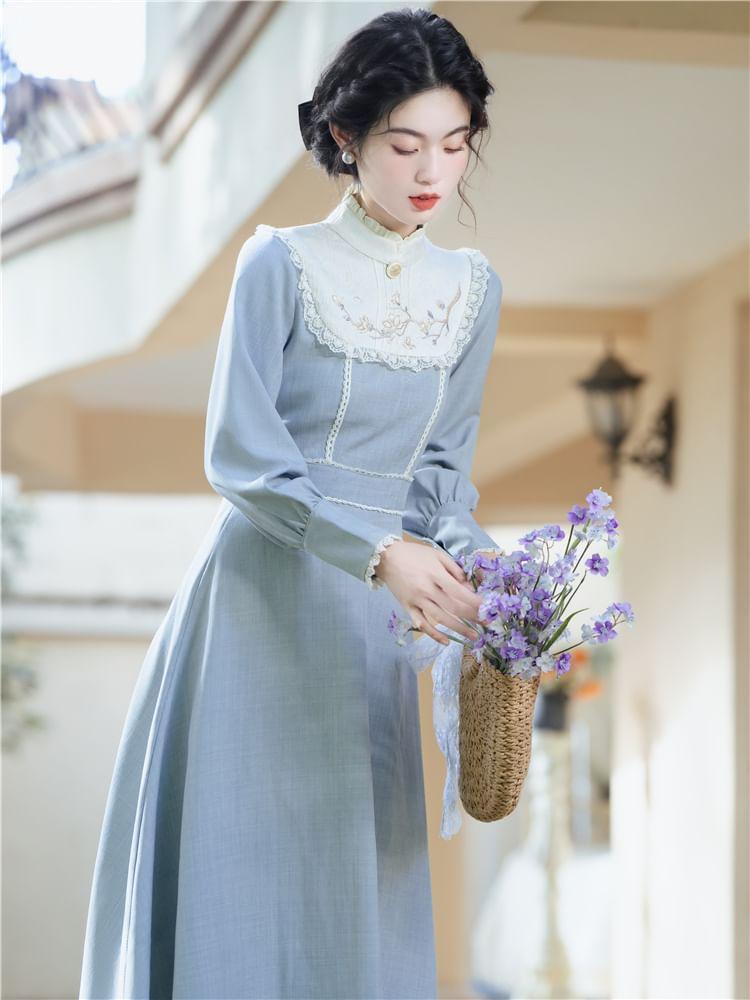 Long-Sleeve Stand Collar Floral Embroidered Lace Trim Midi A-Line Dress Product Image