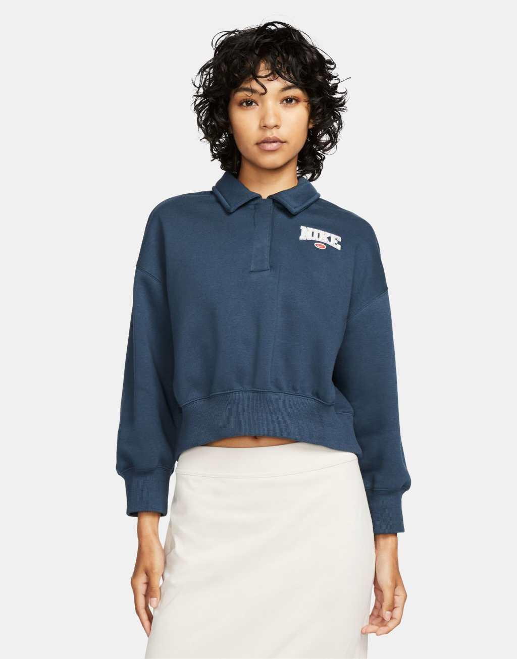 Nike Phoenix Fleece Retro crop quarter zip polo top in navy Product Image