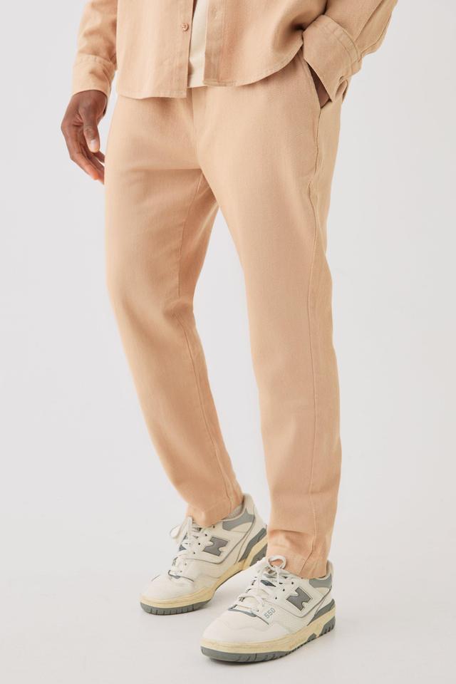 Mens Beige Textured Elasticated Waist Straight Fit Trousers, Beige Product Image