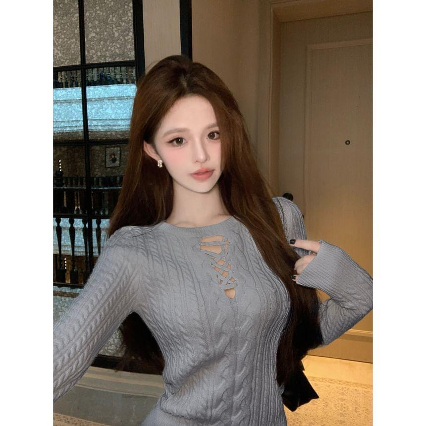 Long-Sleeve Round Neck Plain Cutout Cable Knit Slim Fit Top Product Image