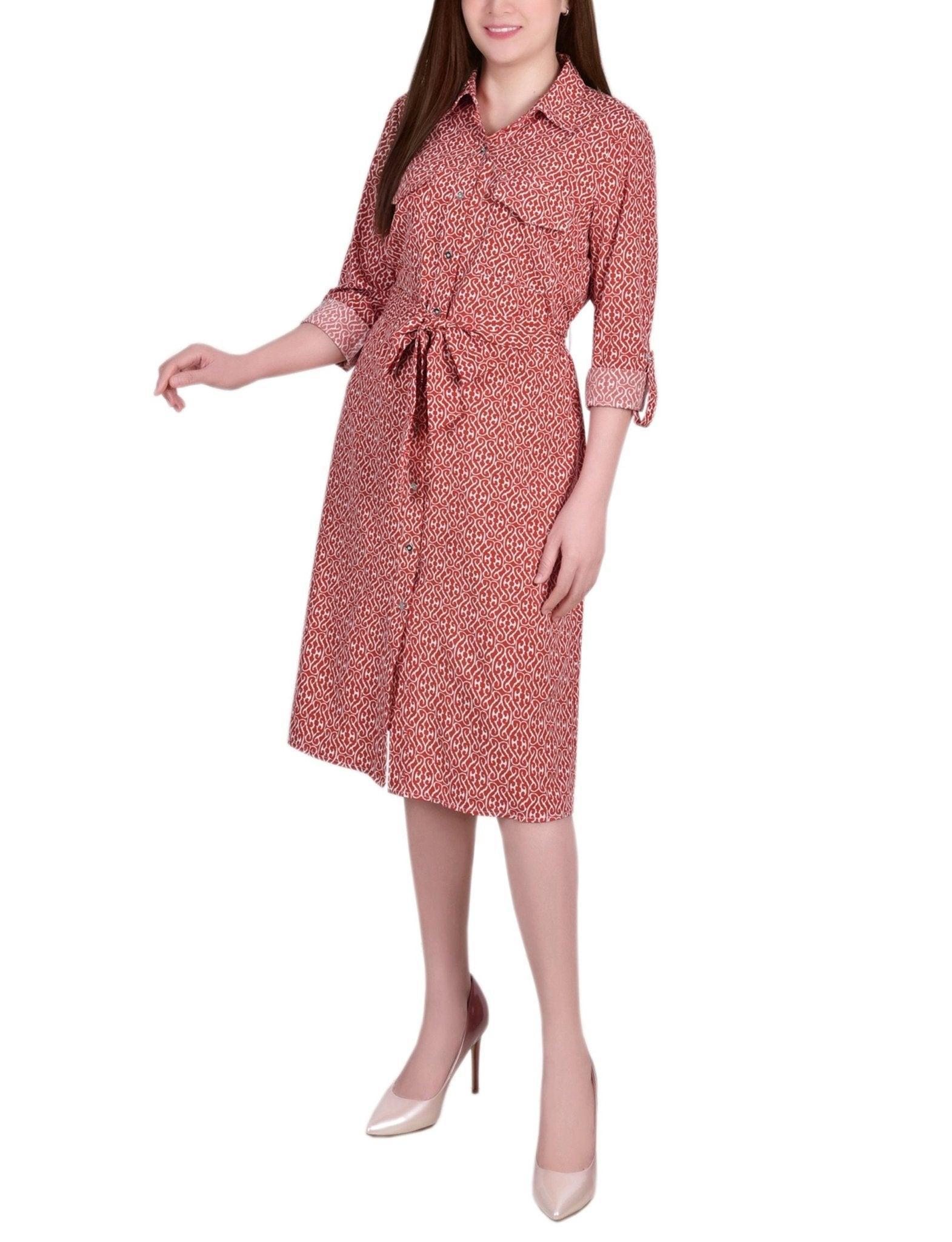 3/4 Length Roll Tab Sleeve Belted Shirtdress - Petite Product Image