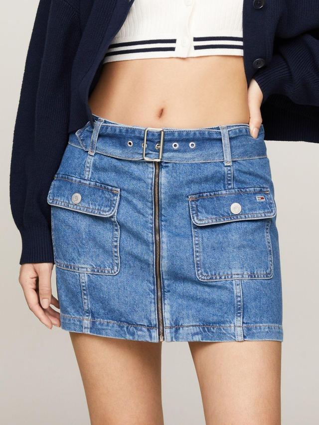 Tommy Hilfiger Women's Denim Belted Zip A-Line Mini Skirt Product Image