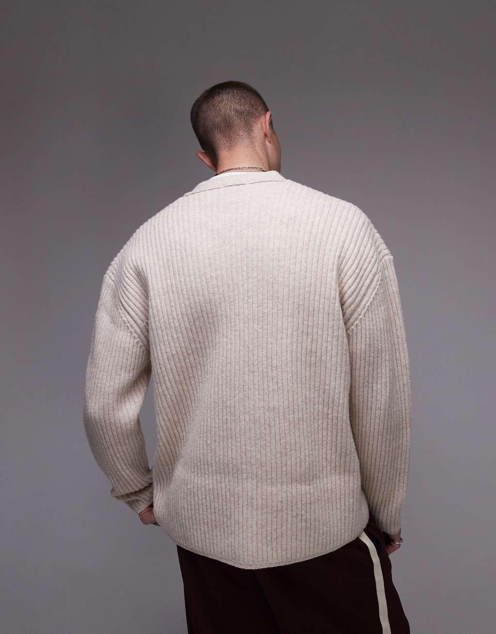 Topman premium lambs wool ribbed cardigan in stone Product Image