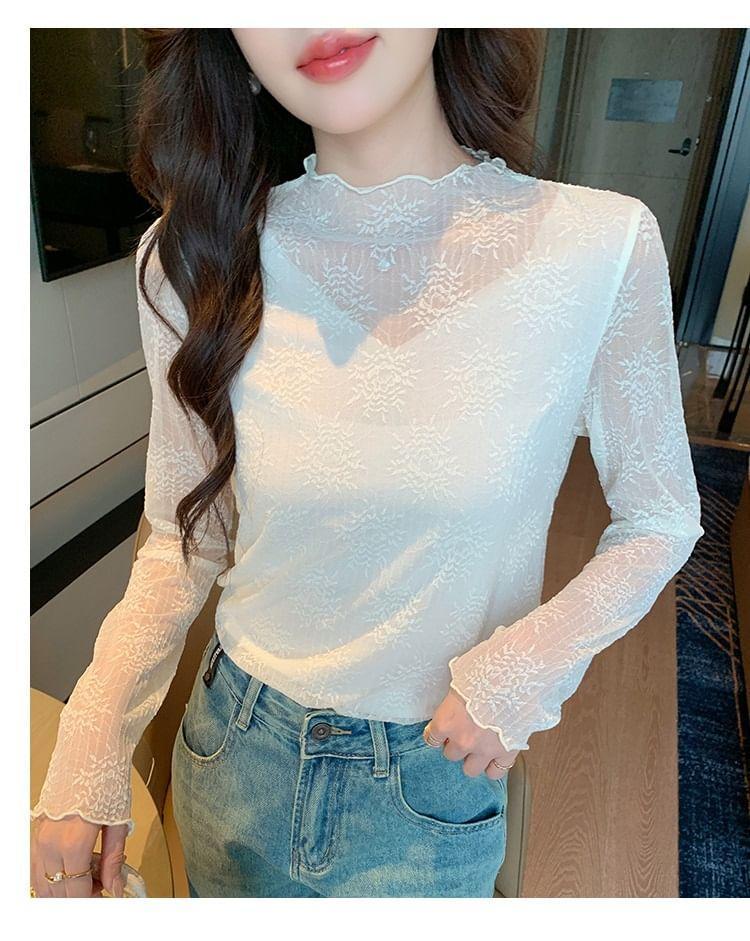 Long-Sleeve Mock Neck Floral Lace Top Product Image