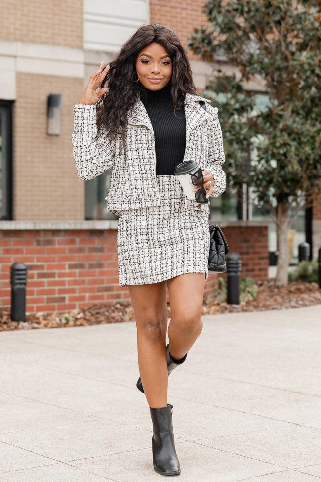 Serious Business Woman Cream and Black Plaid Boucle Tweed Moto Jacket Product Image