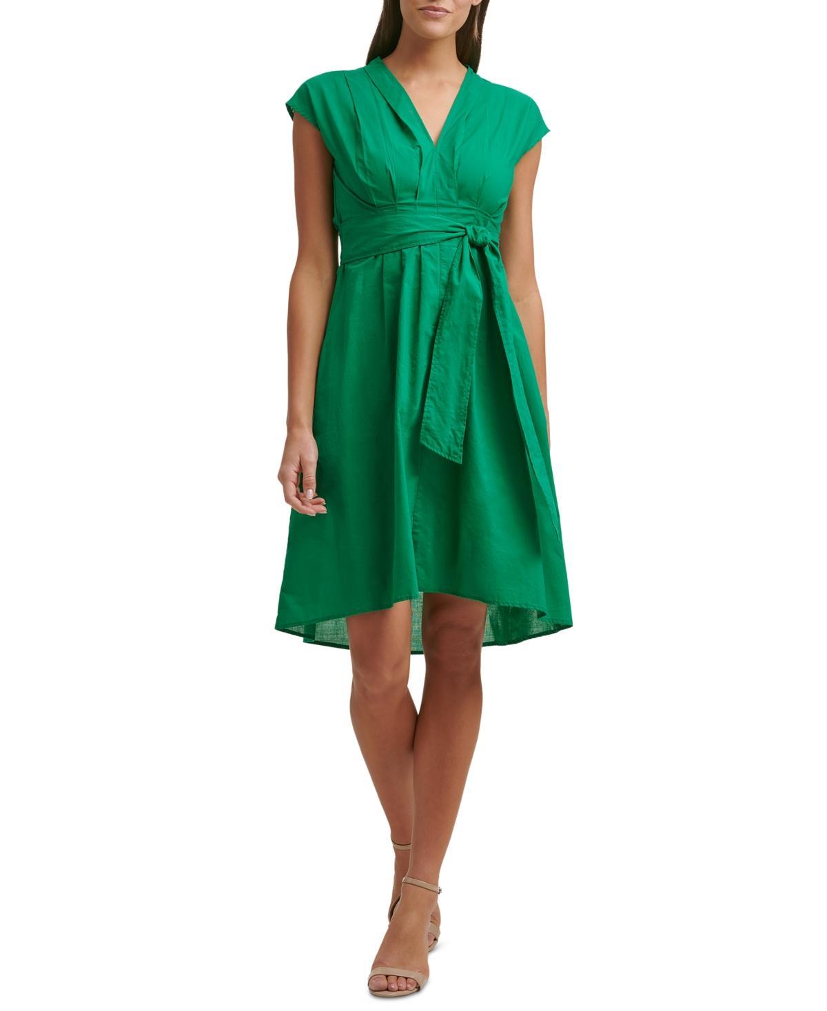 kensie Womens Cotton V-Neck A-Line Tie-Waist Dress Product Image