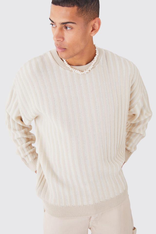 Oversized Crew Neck Two Tone Rib Knitted Jumper | boohooMAN USA Product Image