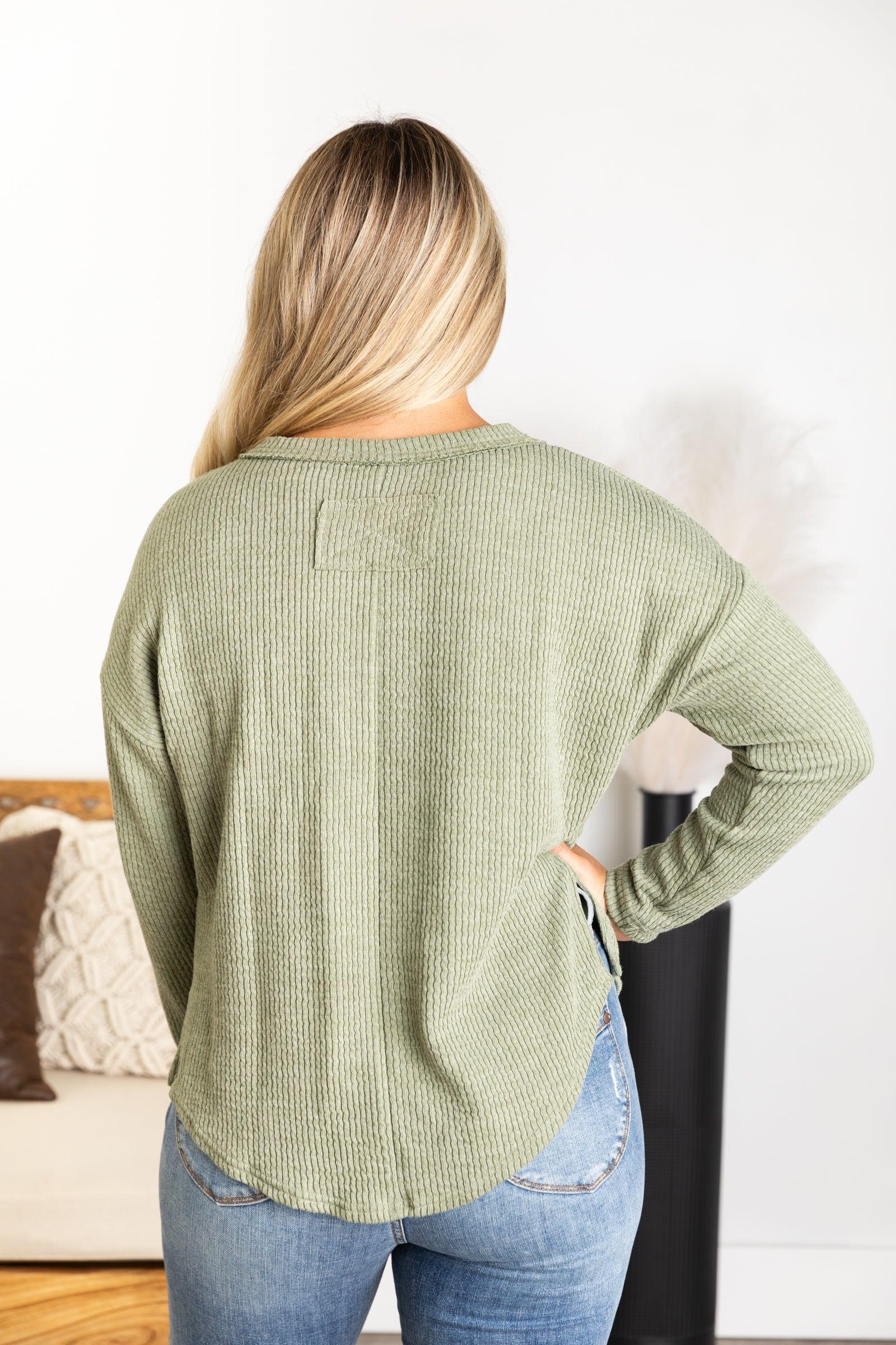 Waffle Knit Henley Long Sleeve Knit Top Product Image