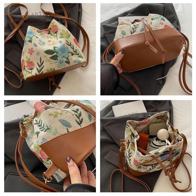 Floral Jacquard Faux Leather Panel Drawstring Backpack Product Image