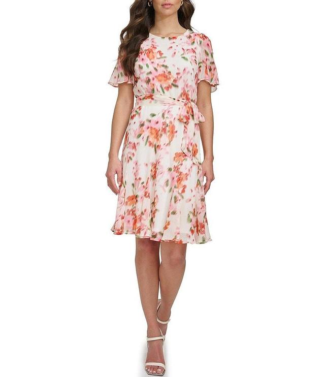 DKNY Flutter Sleeve Floral Print Chiffon A-Line Dress Product Image