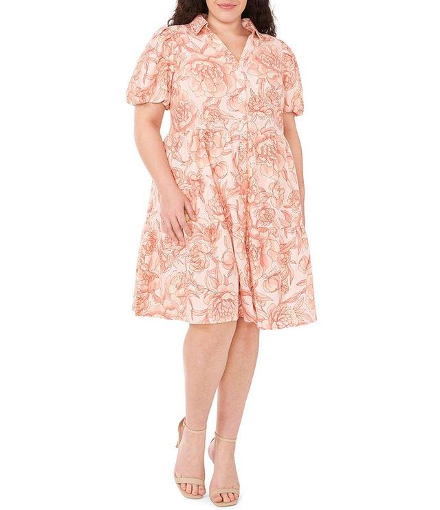 CeCe Plus Size Floral Print Short Sleeve Point Collar Button Front Tiered A-Line Shirt Dress Product Image