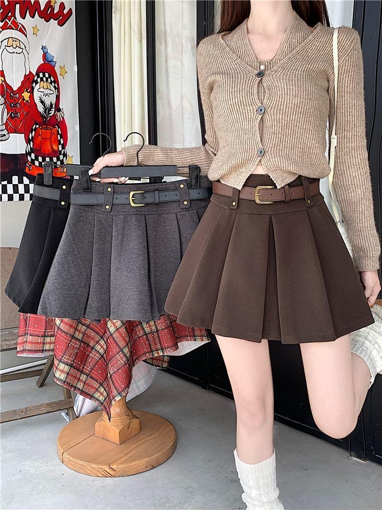 High Rise Plain Pleated Mini A-Line Skirt Product Image