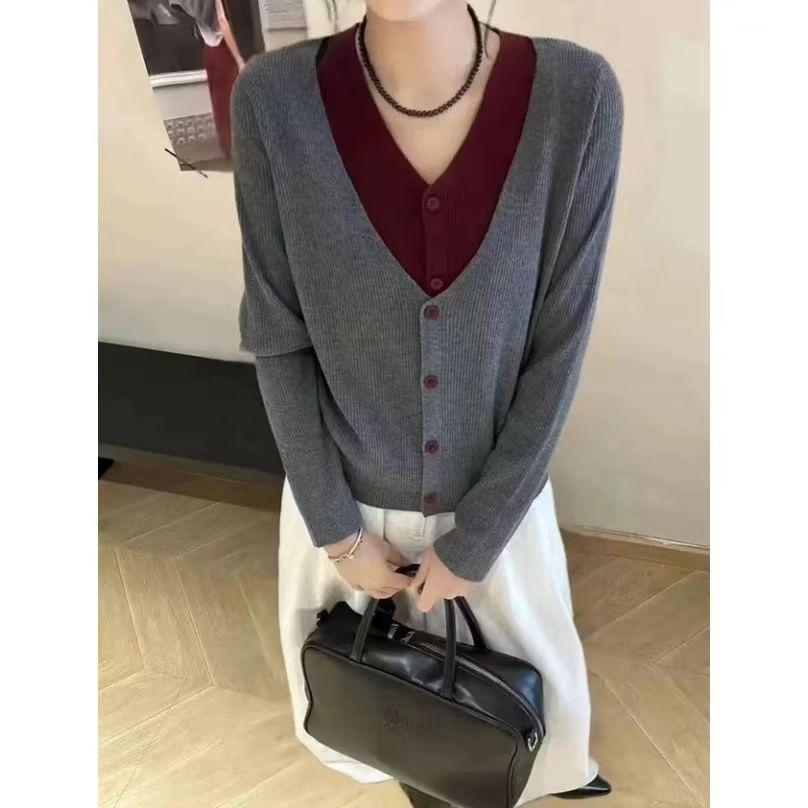 Mock Two-Piece V-Neck Two Tone Cardigan Product Image