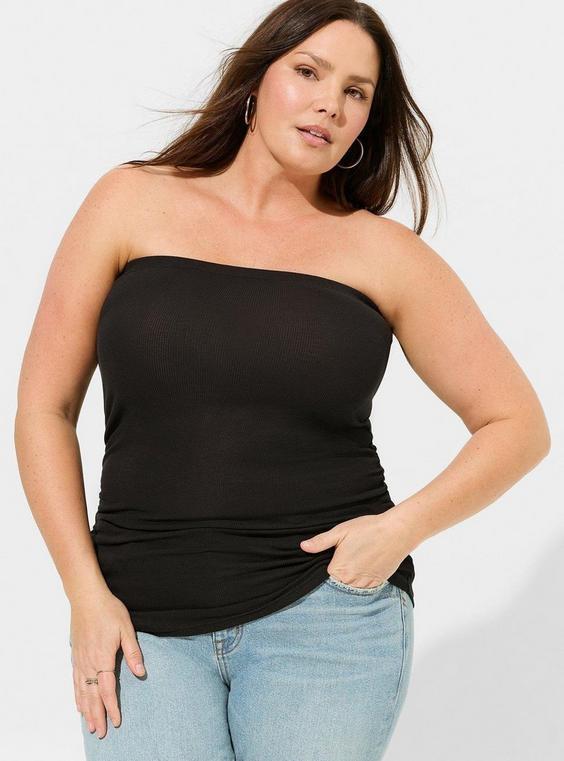 Cotton Modal Rib Straight Neck Shirred Crop Tank Product Image