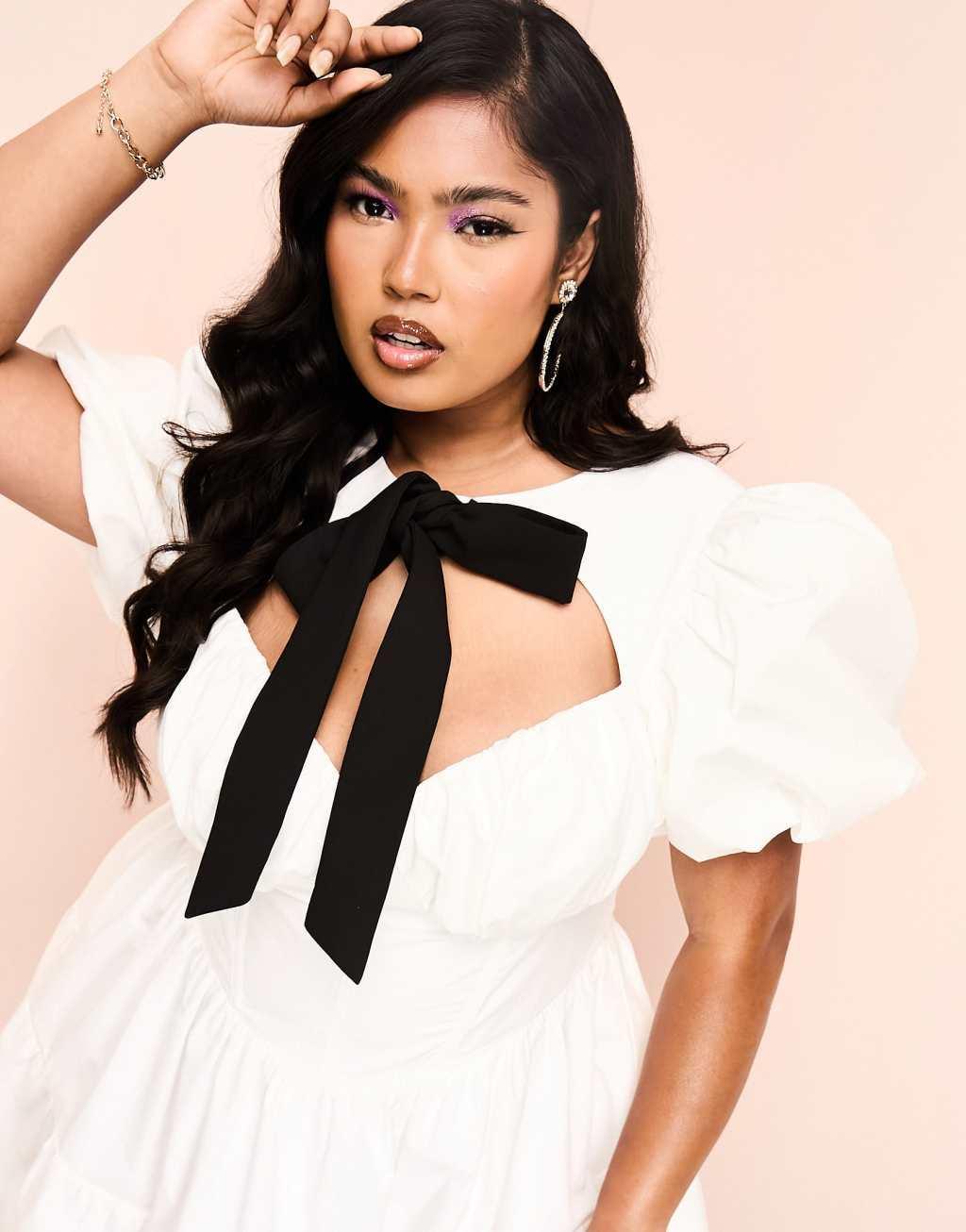 ASOS LUXE Curve corseted cotton poplin mini dress with contrast velvet pussybow and puff sleeve in white Product Image