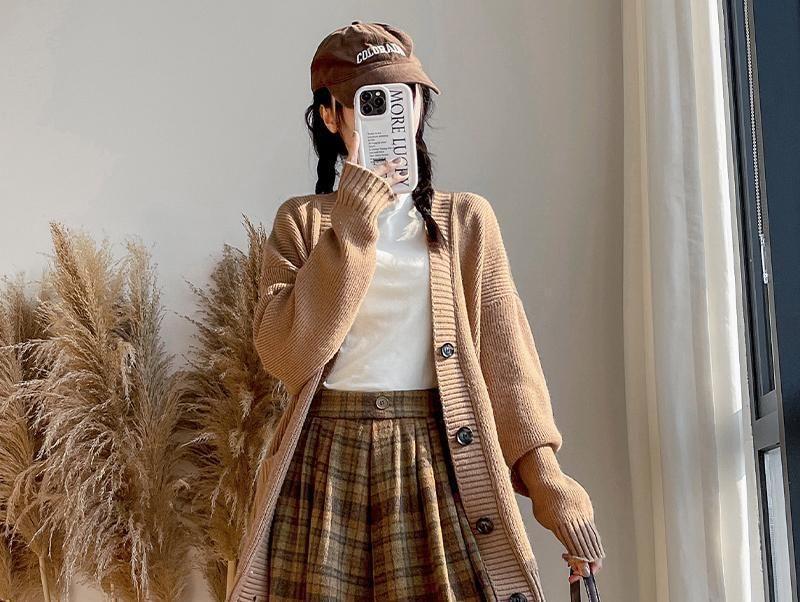 High Waist Plaid Midi A-Line Woolen Skirt Product Image