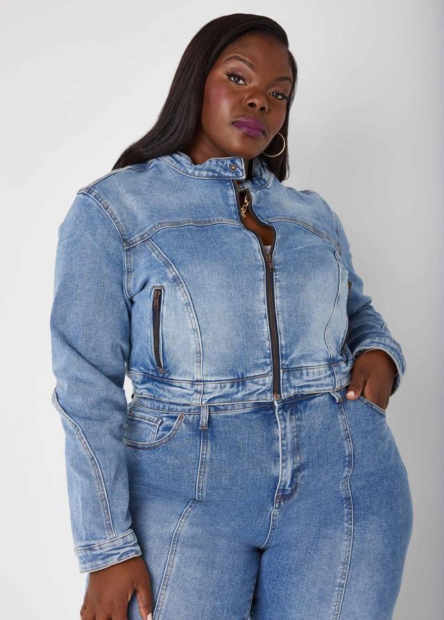 Zip Detailed Cropped Denim Jacket Product Image