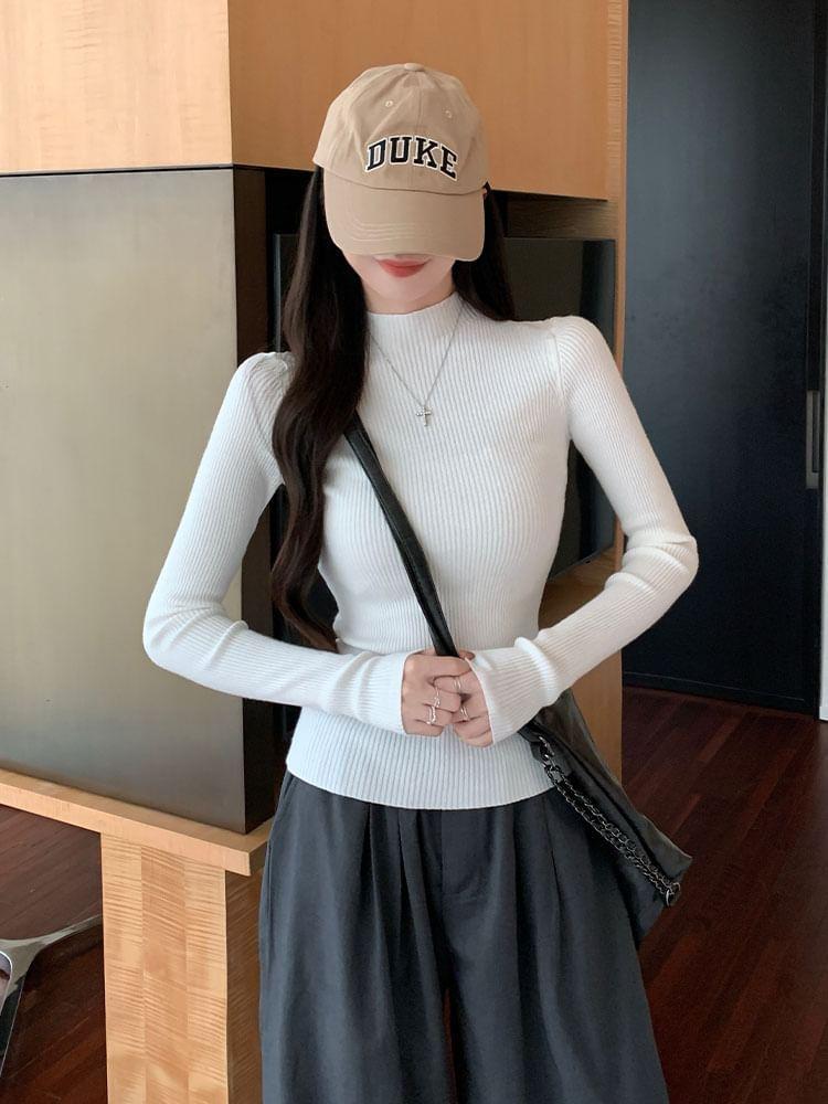 Long-Sleeve Mock Neck Plain Slim Fit Knit Top Product Image