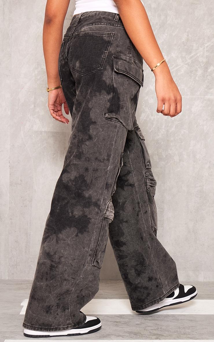 Tall Black Washed Denim Cargo Low Rise Wide Leg Jeans Product Image