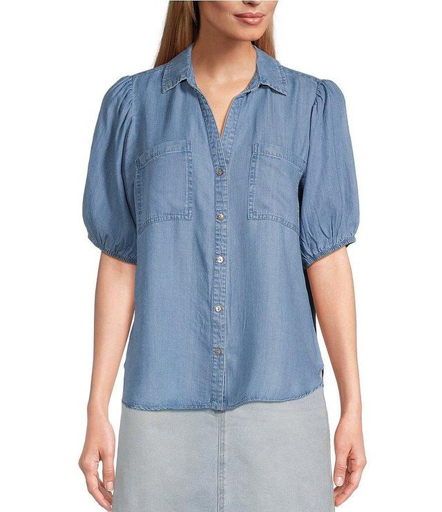 Nurture by Westbound Chambray Elbow Puff Sleeve Button Front Top Product Image