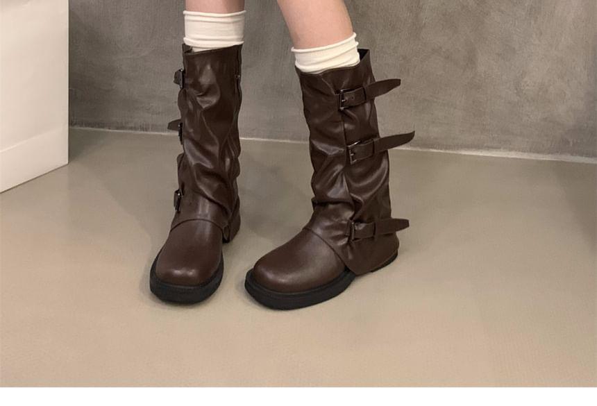 Platform Plain Buckled Faux Leather Mid-Calf Boots Product Image