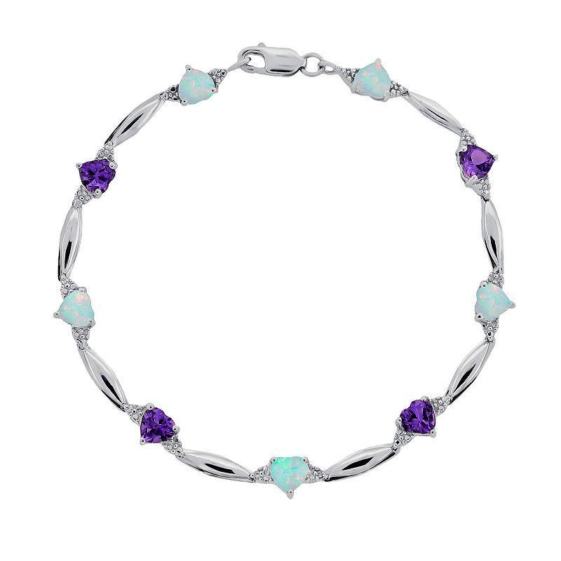 Gemminded Sterling Silver Amethyst, Lab-Created Opal and Diamond Accent Heart Bracelet, Womens Purple Product Image