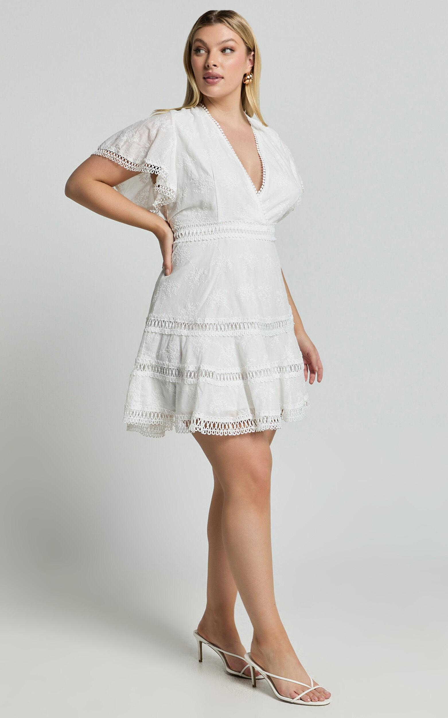 Ariana Mini Dress - V Neck Flutter Sleeve A Line in White Product Image