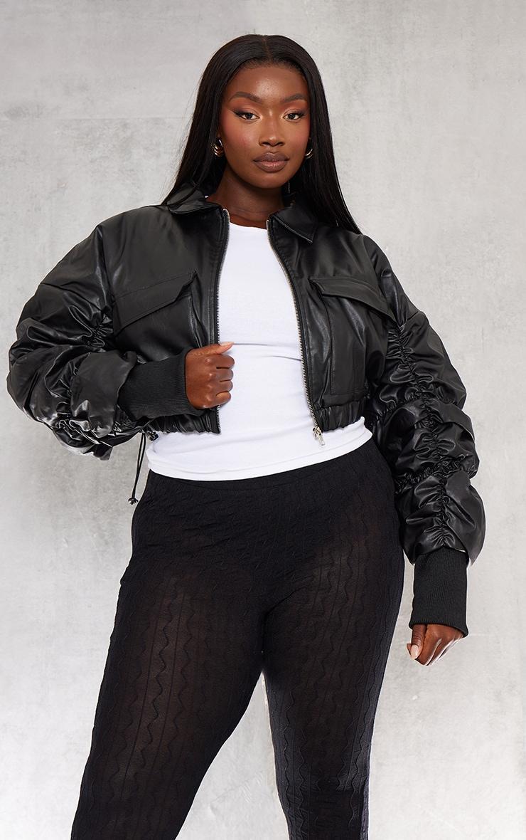 Plus Black Ruched Sleeve Cropped Faux Leather Bomber Jacket Product Image