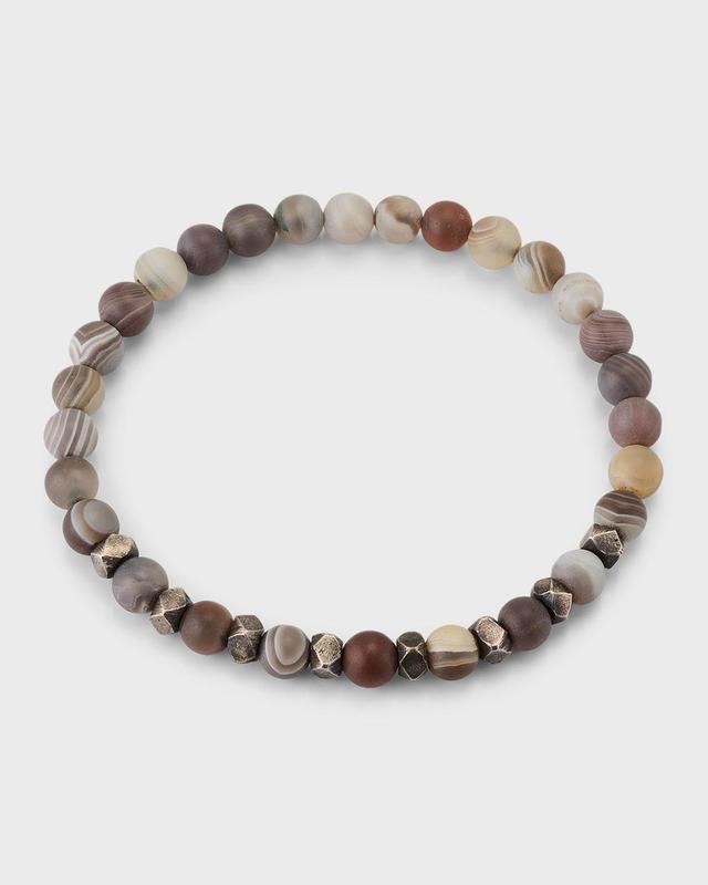 Mens Agate & Burnished Silver Beaded Stretch Bracelet - Grey Agate Product Image