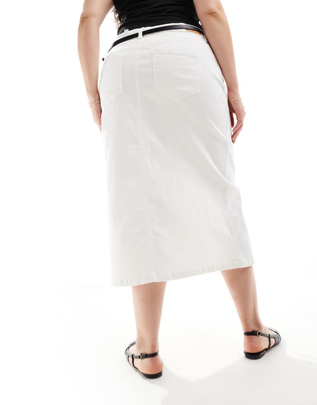 Vero Moda Curve front split denim midi skirt in white Product Image