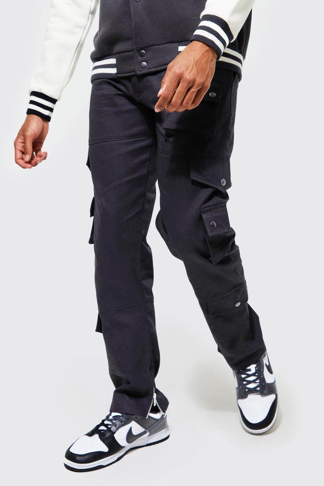 Mens Black Fixed Waistband Relaxed Fit Cargo Trousers, Black Product Image